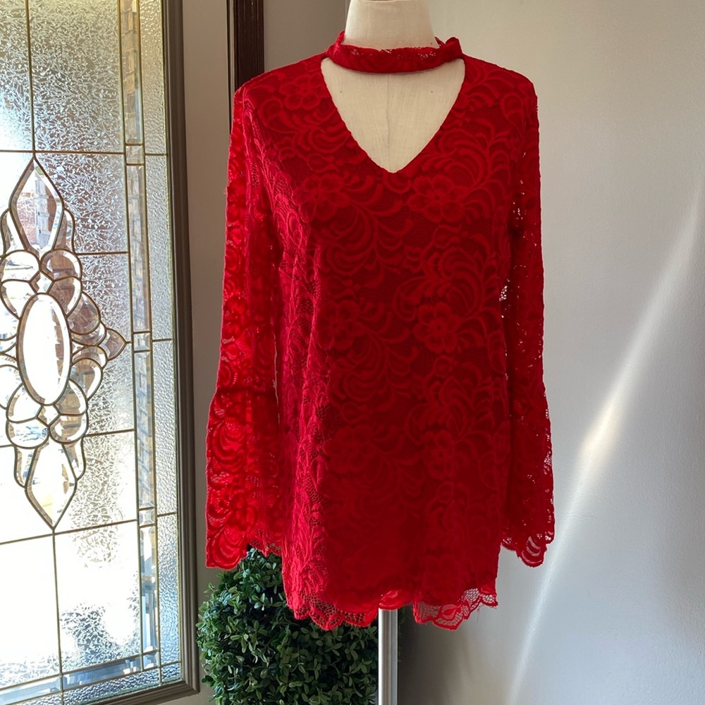 Susanne Betro Women’s red flower lace blouse bell cuff long sleeve top, tunic